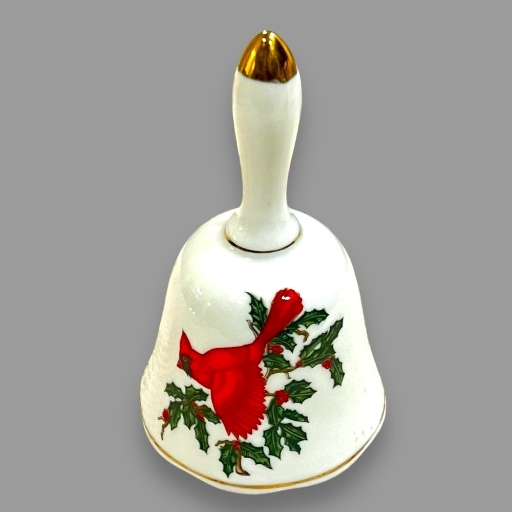Lefton Christmas Bell Red Cardinal Holly White Ceramic Vintage